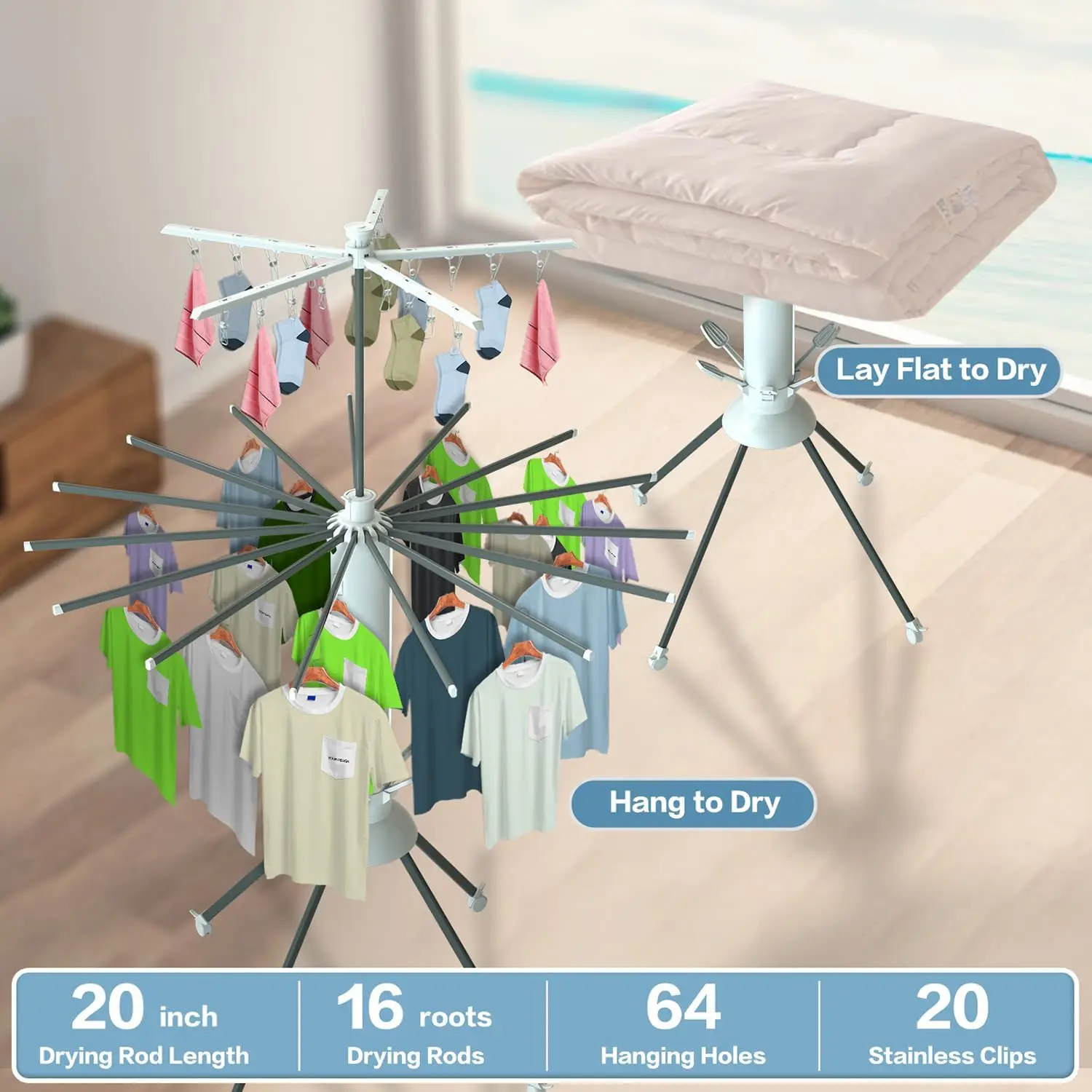 3 Tier Foldable Portable Laundry Drying Rack with 4 Pulleys, Made of Aluminum Alloy Material,Clothing Drying Rack Rotatable Hold