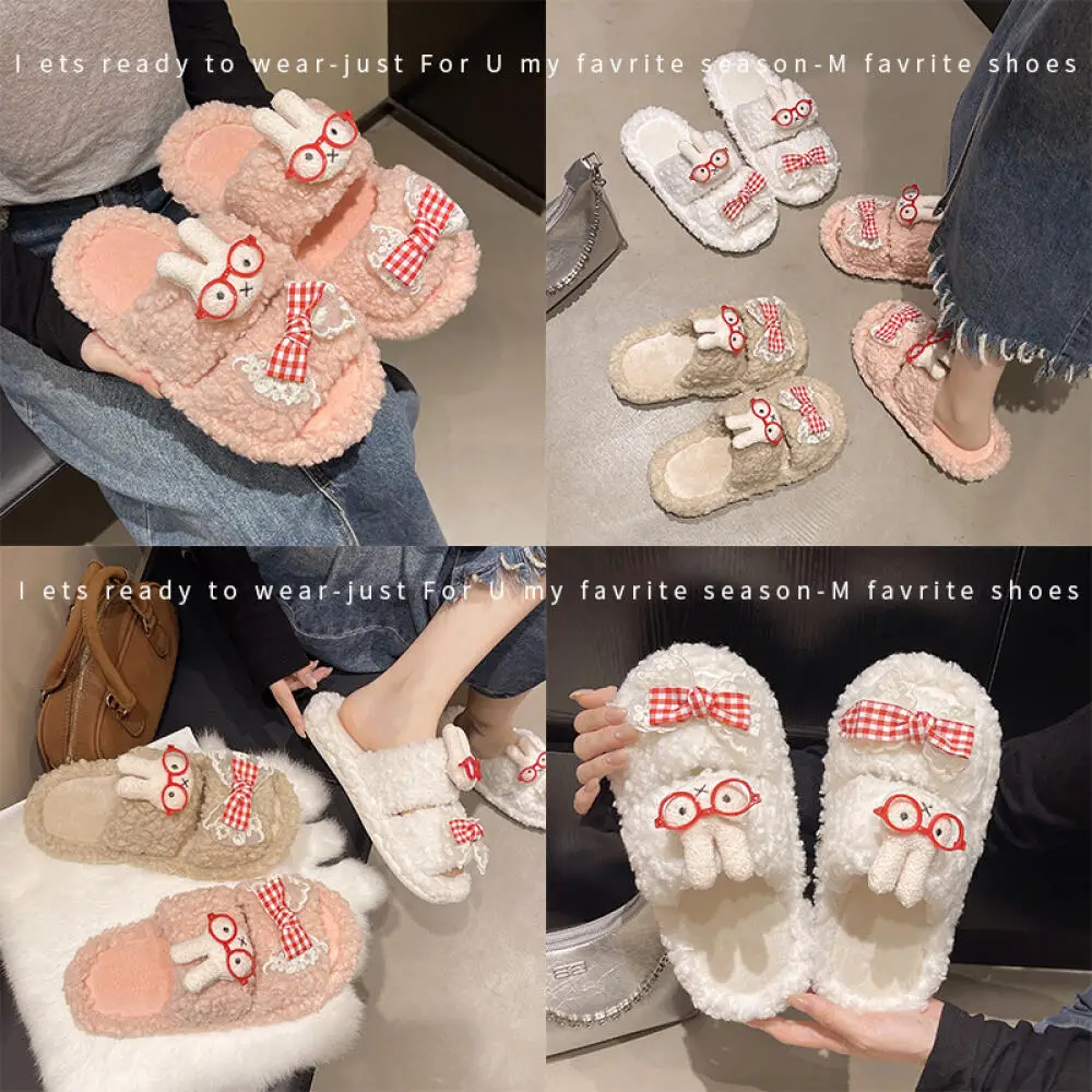 

Плюшевые тапочки Kawaii с открытым носком и мультяшным кроликом, разноцветные теплые домашние тапочки с милыми животными, модные плюшевые тапочки с кроликом