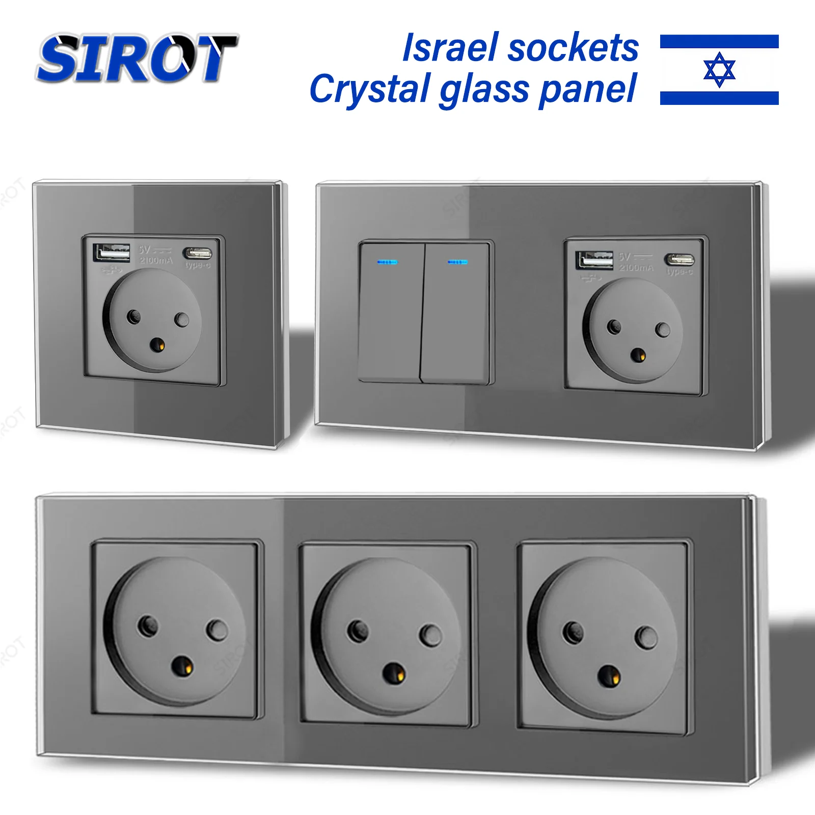 SIROT Israel Wall Power Switch Socket 16A, Grey Crystal Glass Panel USB Type C Electrical Outlet for Israeli Home Bedroom Office