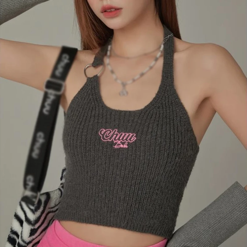 American Letter Embroidery Love Heart Metal Buckle Slim Fit  Fashion Crop Top Knit Sleeveless Vest