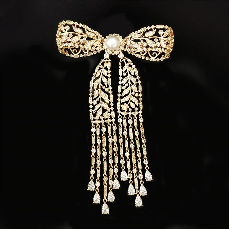 2023 Elegant Hollow Out Tassel Bow Knot Brooch Shiny Zircon Freshwater Pearl Exquisite Zircon Bowknot Broochpins Women\'s Corsage