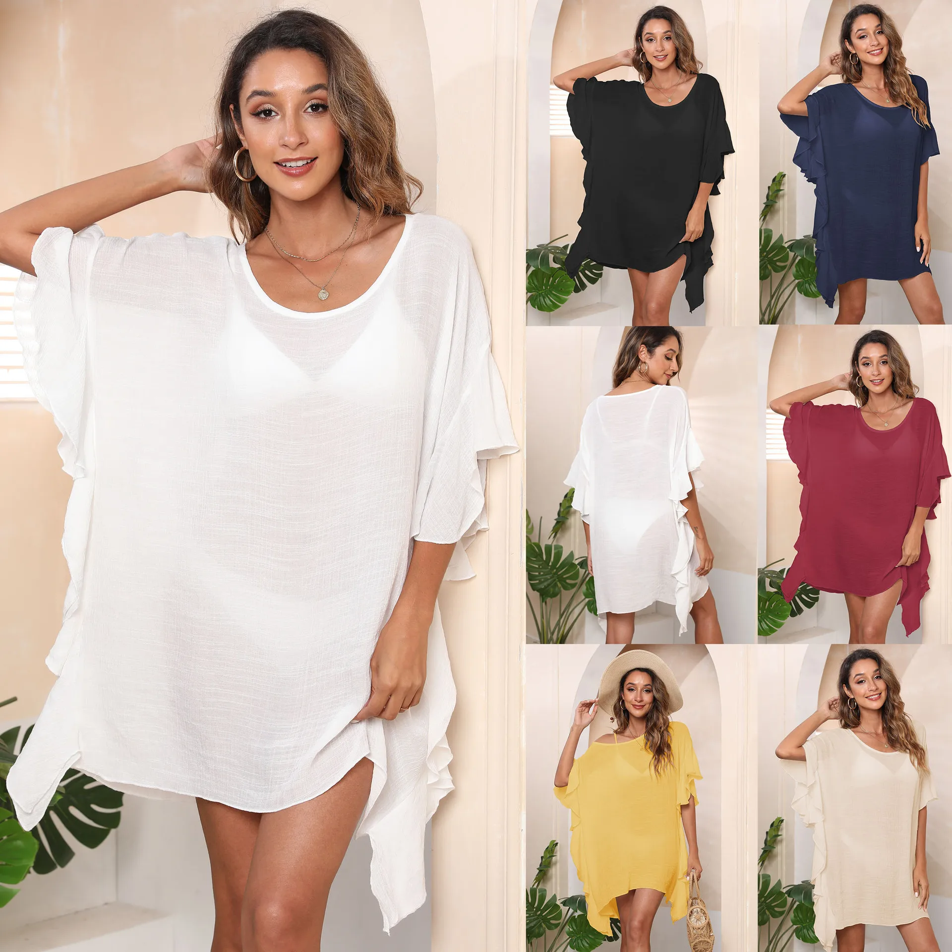 Costume da bagno in rete chic tinta unita Bikini Cover Up Abito da spiaggia per donna Ruffles O-Collo Protezione solare Beachwear Allentato Taglia libera