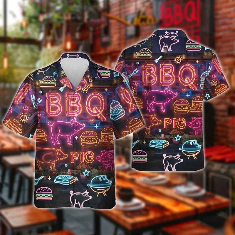 Barbecue Feest Patroon Hawaiian Shirt Mannen Schattig Varken 3d Geprint Korte Mouw Blouses Mode Aloha Shirts Mannelijke Knoop Revers Tops