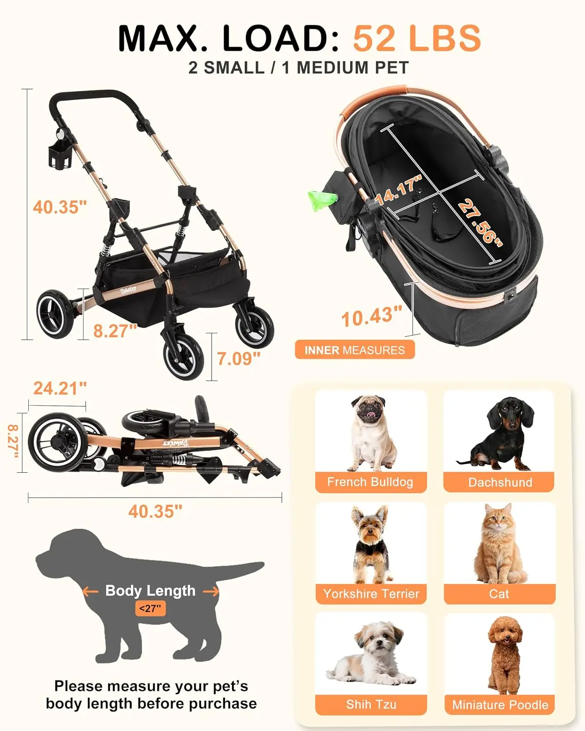 Dog Stroller for Medium Dogs Up to 52 Lbs, Cats Stroller for 2 Cats, 3 in 1 Pet with Bag Holder Leashes, 3-Roll Poop Bags, 600D