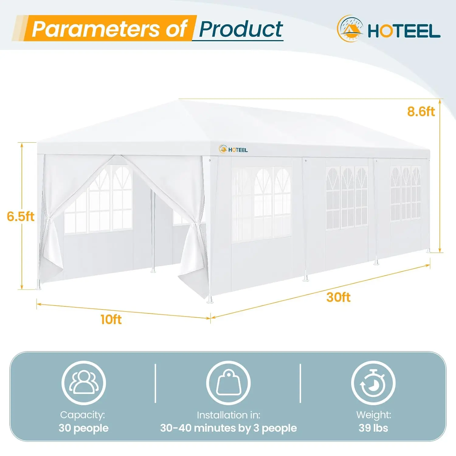 10x30 Party Tent, 300 Sq Ft Outdoor Canopy with 8 Removable Sidewalls, 2 Zipper Doors, 16 Ropes and 36 Stakes, Customized