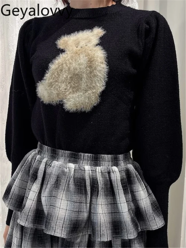 

Осень-зима, новый японский стиль, милый плюшевый пуловер с мультяшным принтом, универсальный вязаный свитер с длинными рукавами и круглым вырезом для женщин