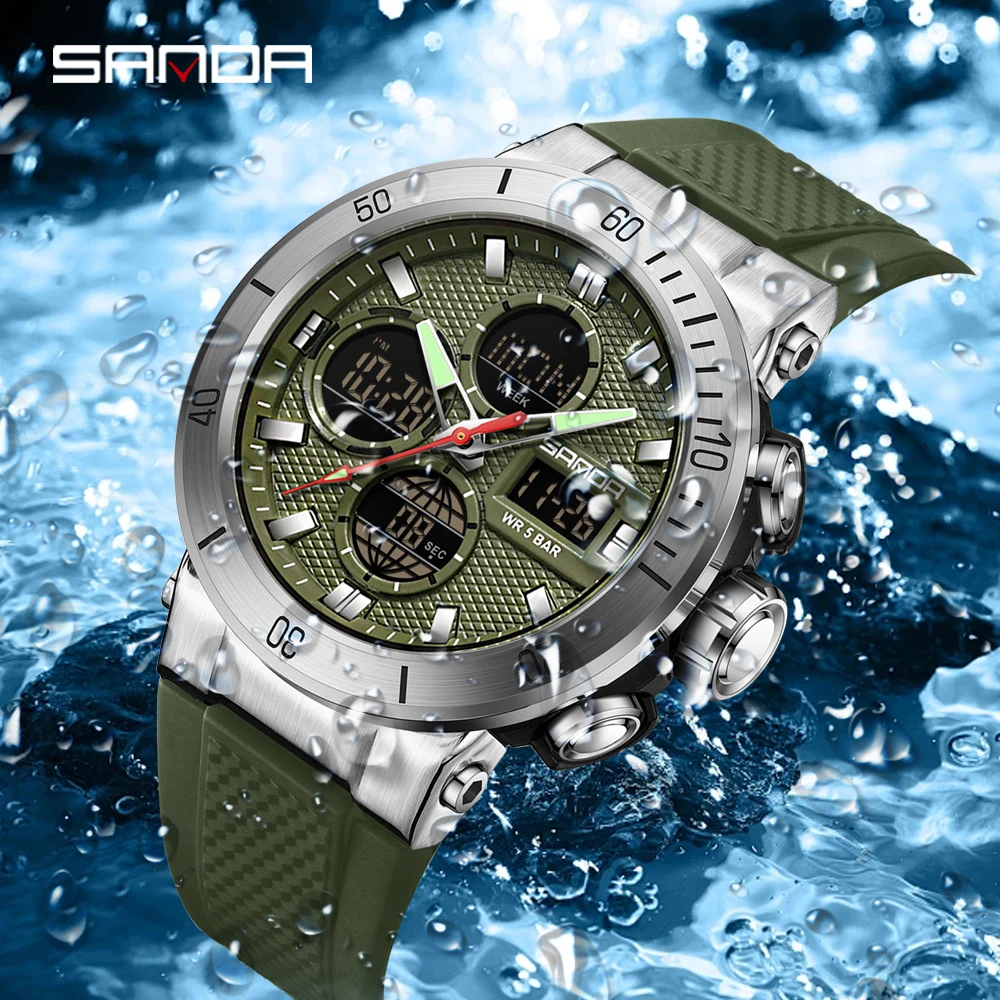 

SANDA Новые 6191 мужские электронные часы для спорта на открытом воздухе с двойным дисплеем, многофункциональные водонепроницаемые светодиодные мужские электронные часы