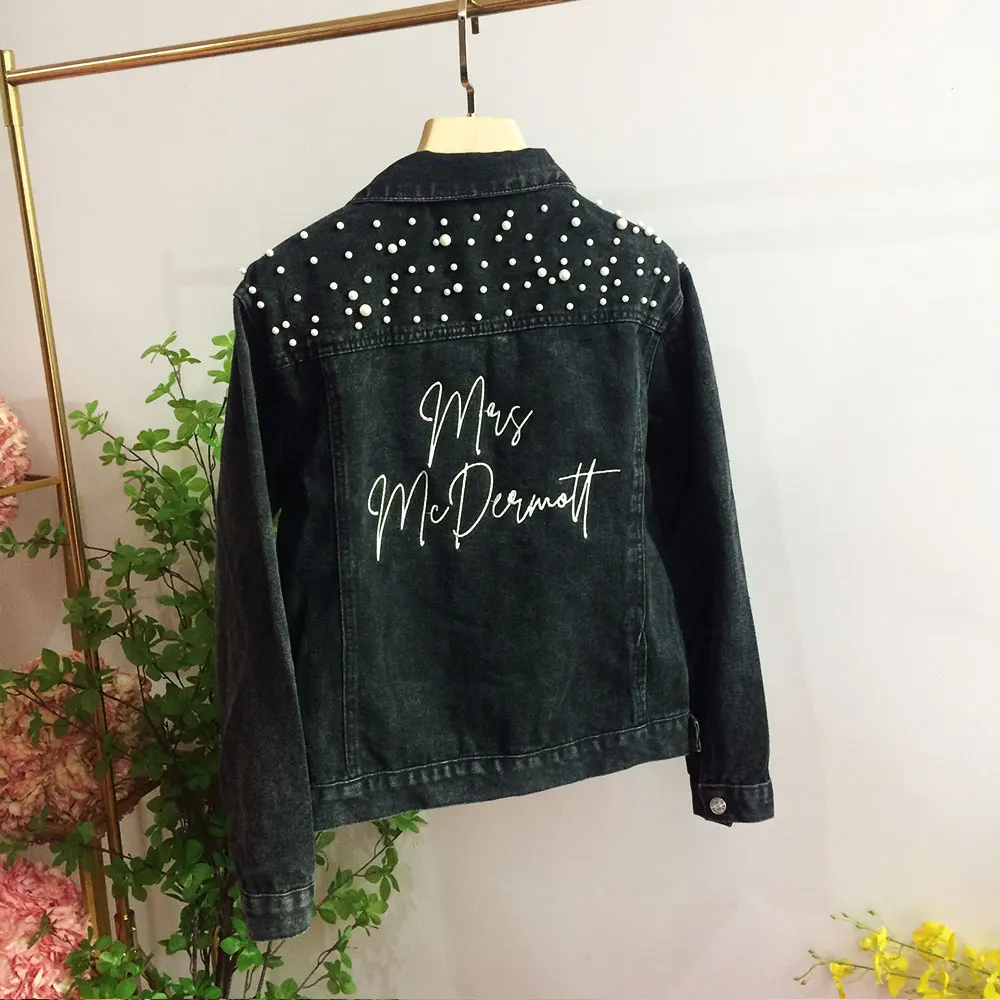 Customized Embroidered Denim Jacket Personalized Name Black Mrs. Jacket Women's Embroiderey Coats with Pearl Pocket Splicing New