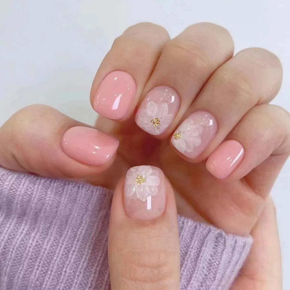 24 Uds. De uñas postizas cuadradas cortas simples, puntas de cobertura completa de color rosa, diseño de polvo dorado brillante, acabado acrílico para uñas postizas