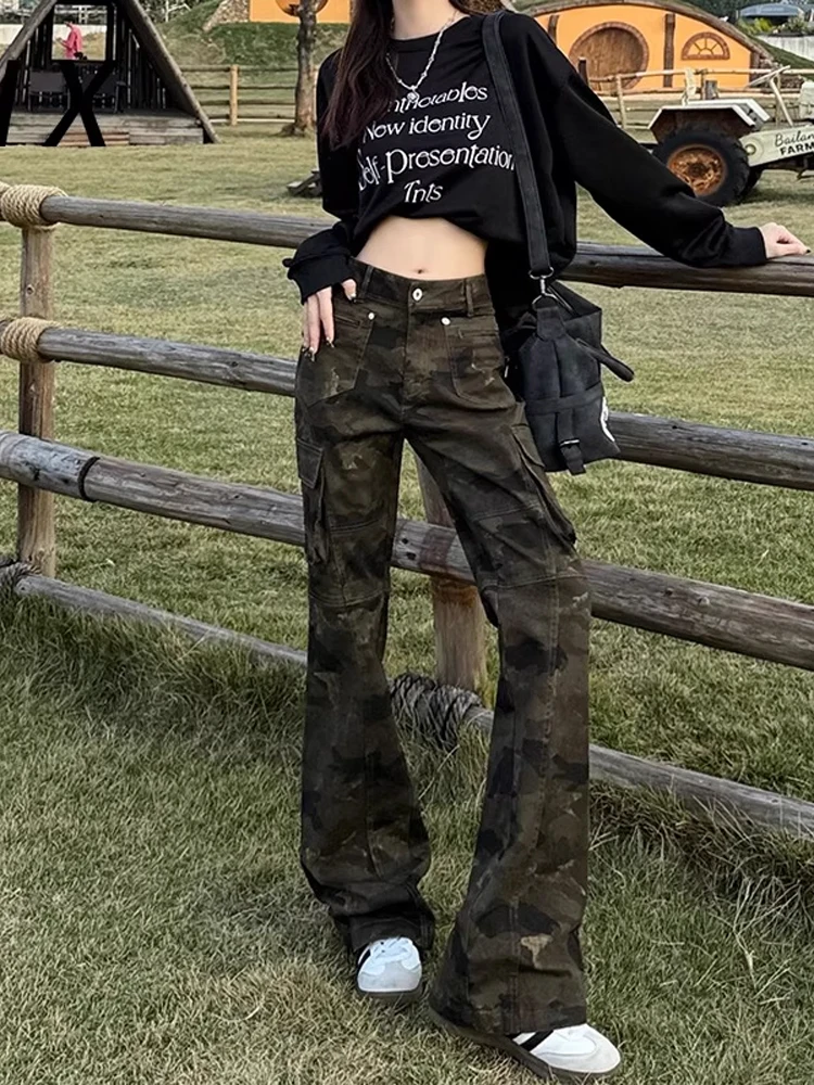 Retro American Camouflage Jeans Men's Women's Multiple kets Design Workwear Slim Straight Leggings Faionable Trousers
