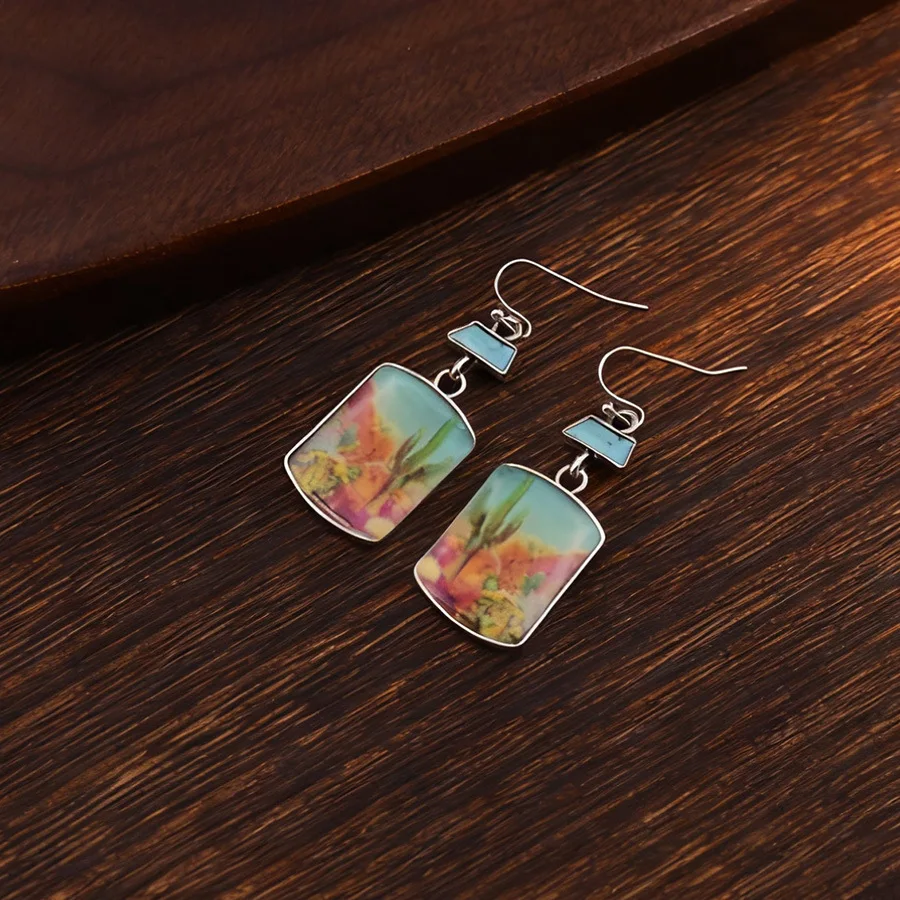 DIY accessories European and American retro colored cactus tag landscape earrings creative temperament advanced sense drop plast