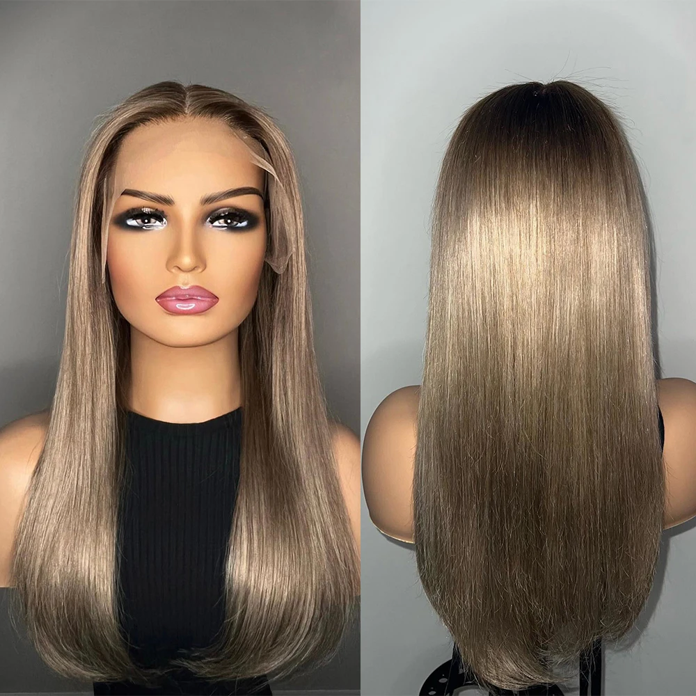 

Парик из 100% натуральных волос, шелковистый парик со светлыми и шелковистыми прямыми темными коричневыми корнями, парик из HD-кружева спереди, 13x6, без клея, естественный вид, линия волос