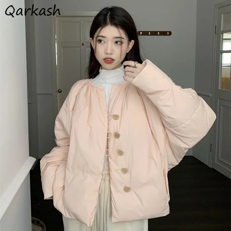 

Pink Short Style Parkas Women Long Sleeve Loose Sweet Lovely Korean Fashion Harajuku Solid Girls Coats Winter Clothes Ropa Mujer