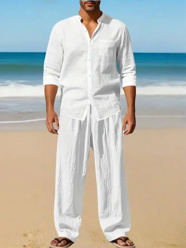 Nuevo conjunto de algodón y lino de color liso para hombre para el verano de 2025, de comercio exterior europeo y americano, transpirable y suelto para hombre