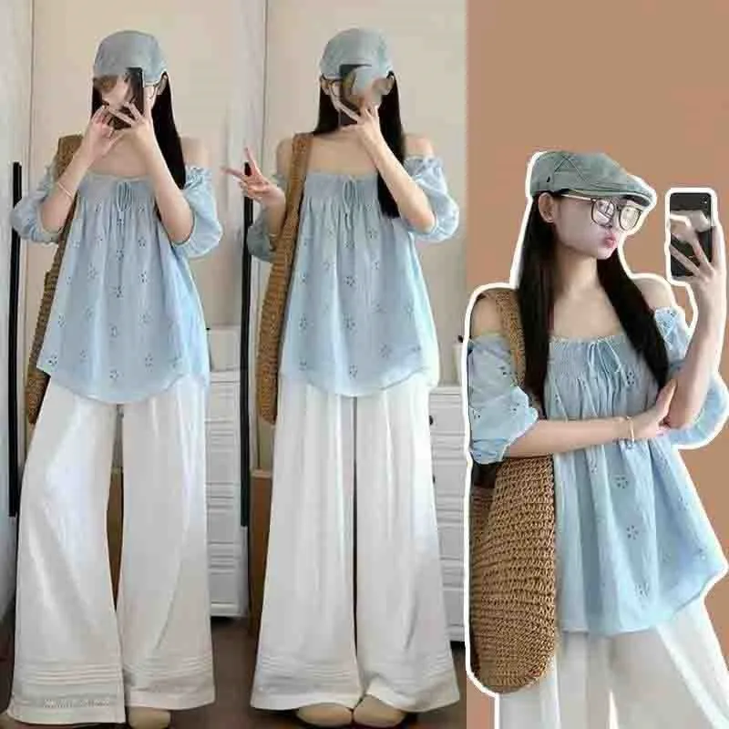 Creative Pregnant Women's Clothing Set Summer Dress 2025 New Maternity Short Sleeve Lace Embroidered Pants 2-piece Set LI200 - view 2