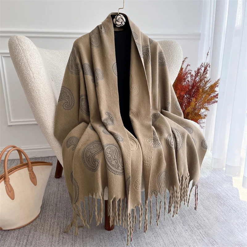 

Embossed Cashmere Winter Scarf for Women Plain Warm Chunky Shawl Elegant Lady Poncho Pashmina Hijab Bufanda Boho Cape for Winter