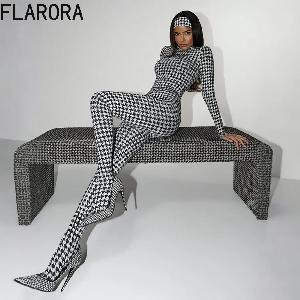 

FLARORA Trend Print Foot Jumpsuits Woman Round Neck Long Sleeve Zip Skinny One Piece Overalls Street Stretch Clubwear 2025 New