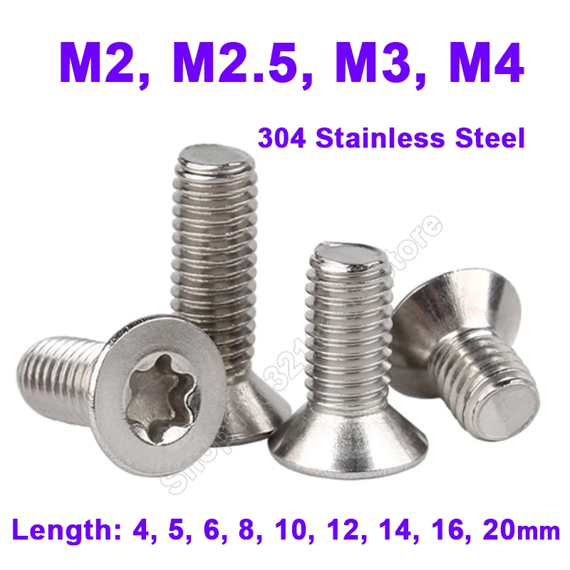 30-300Pcs M2 M2.5 M3 M4 Six-Lobe Torx Flat Countersunk Head Screw Bolts Stainless Steel GB2673 Length 4 5 6 8 10 12 14 16 20mm