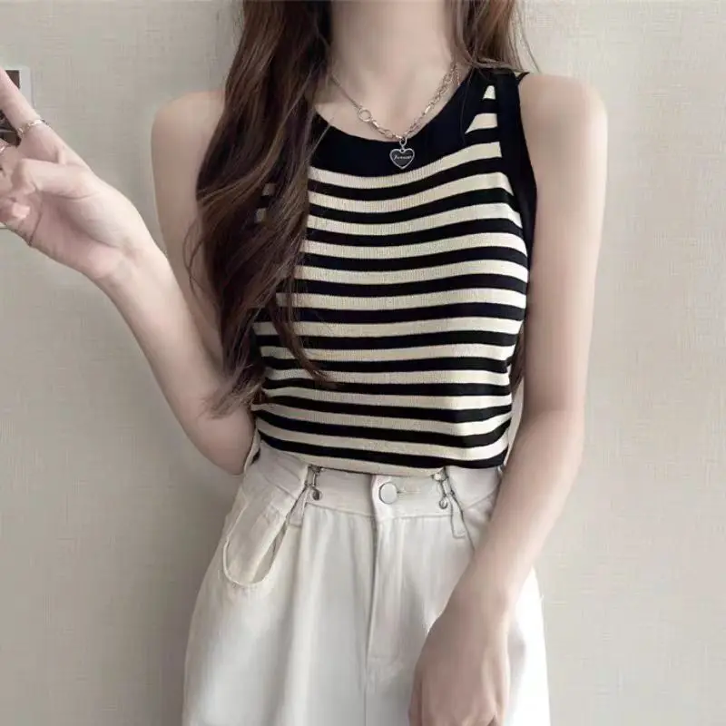 

Ice Silk Striped Knitted Vest Tank Women's Summer Slimming Short Wear Sleeveless Top Halter Outside