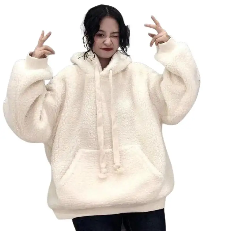 Autumn Hoodie Pullover Women Fleece Hooded Sweatshirt Winter Loose Oversized Casual Student Solid Color Jacket Cute Kawaii Tops