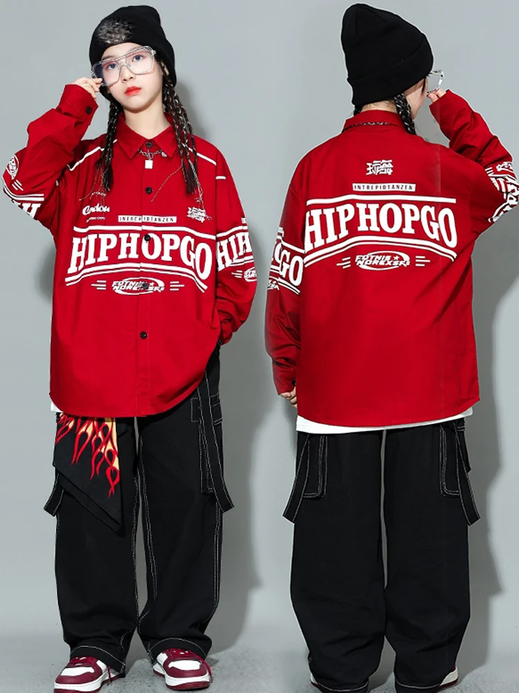 Children Jazz Modern Dance Costumes For Girls Red Coat Black Cargo Pants Streetwear Boys Hip Hop Performance Clothes DQS16699