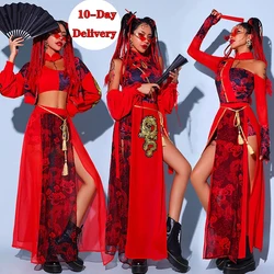 Red Festival Outfits Hip Hop Clothes For Adults Gogo Dance Stage Costumes Chinese Style Women'S Jazz Performance Clothes