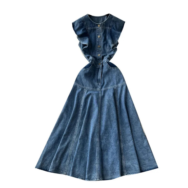 WTHT Fashion Women\'s Ruffled Edge Sleeveless Denim Long Dress 2024 Autumn O-neck Single Breasted Pleated Dresses Female 1LS125