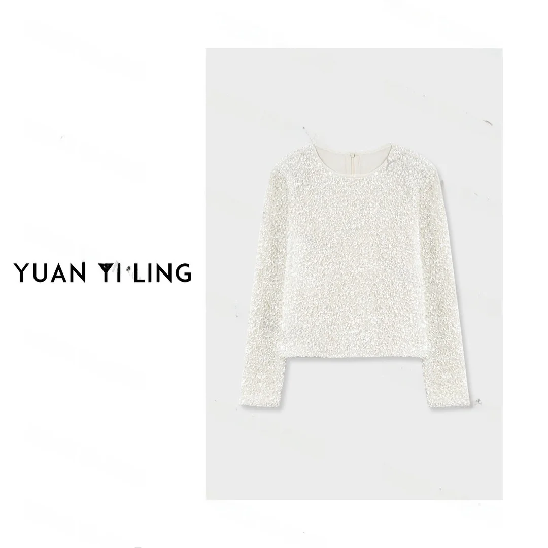 

Elegant Long Sleeve Women's Top with Beads Heavy Embroidery Spring Summer New Arrival Casual Style Standard Fit Ladies T-shirt