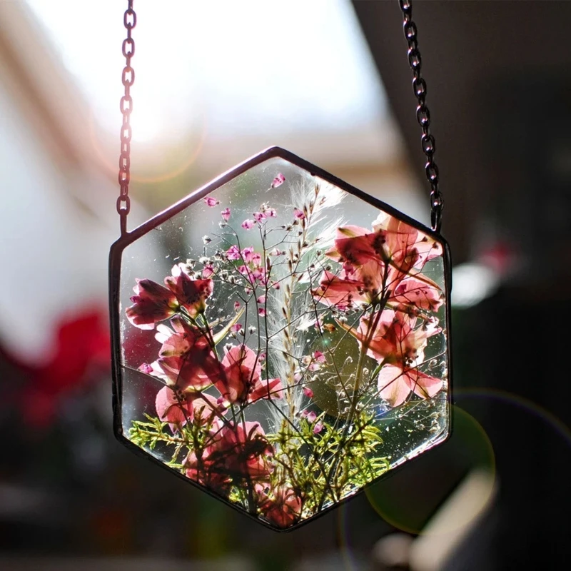 KX4B Acrylic Frame Pressed Flowers Hanging Picture Artificial Dried Plants Wall Pendant with Chain Kids Art Photo Display Decor