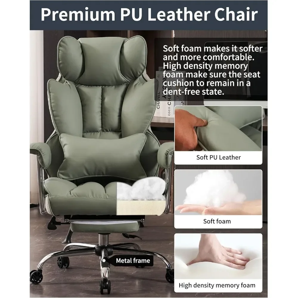 Grande et grande chaise d'ordinateur en cuir PU, chaise de bureau de direction avec assistant jambes et support lombaire, chaise de bureau vert clair