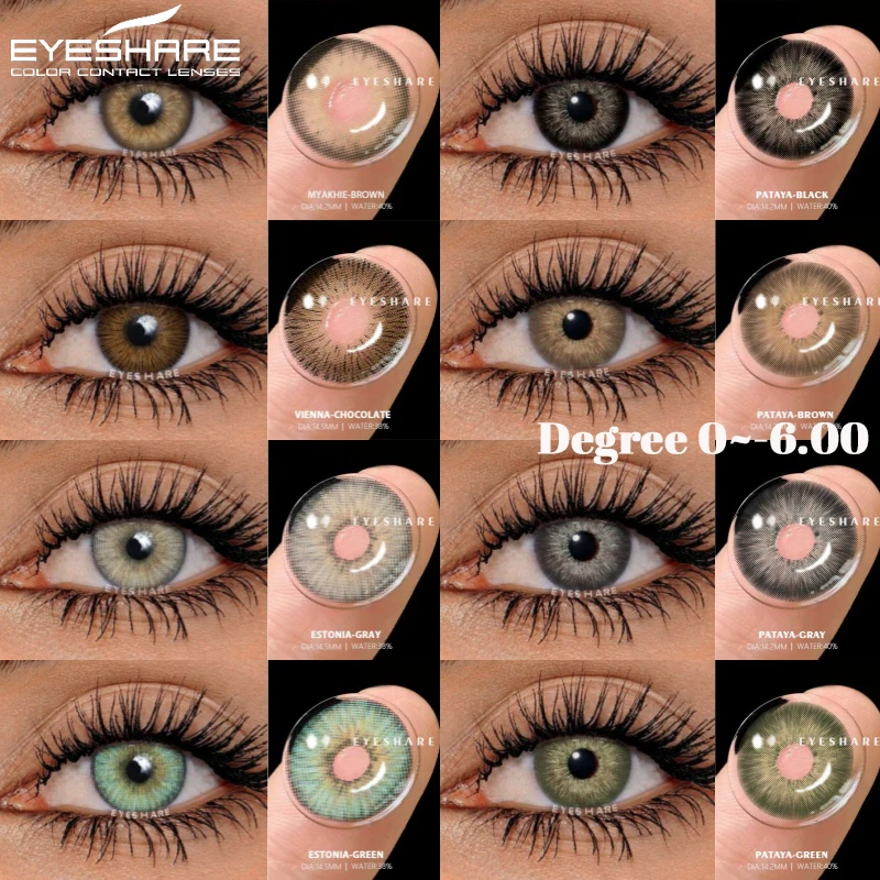 EYESHARE 1 Paar Myopie-Linsen, farbige Kontaktlinsen mit Grad 0,00 ~ -6,00, braune Linsen, graue Augenkontaktlinsen, jährliche weiche Augenlinse