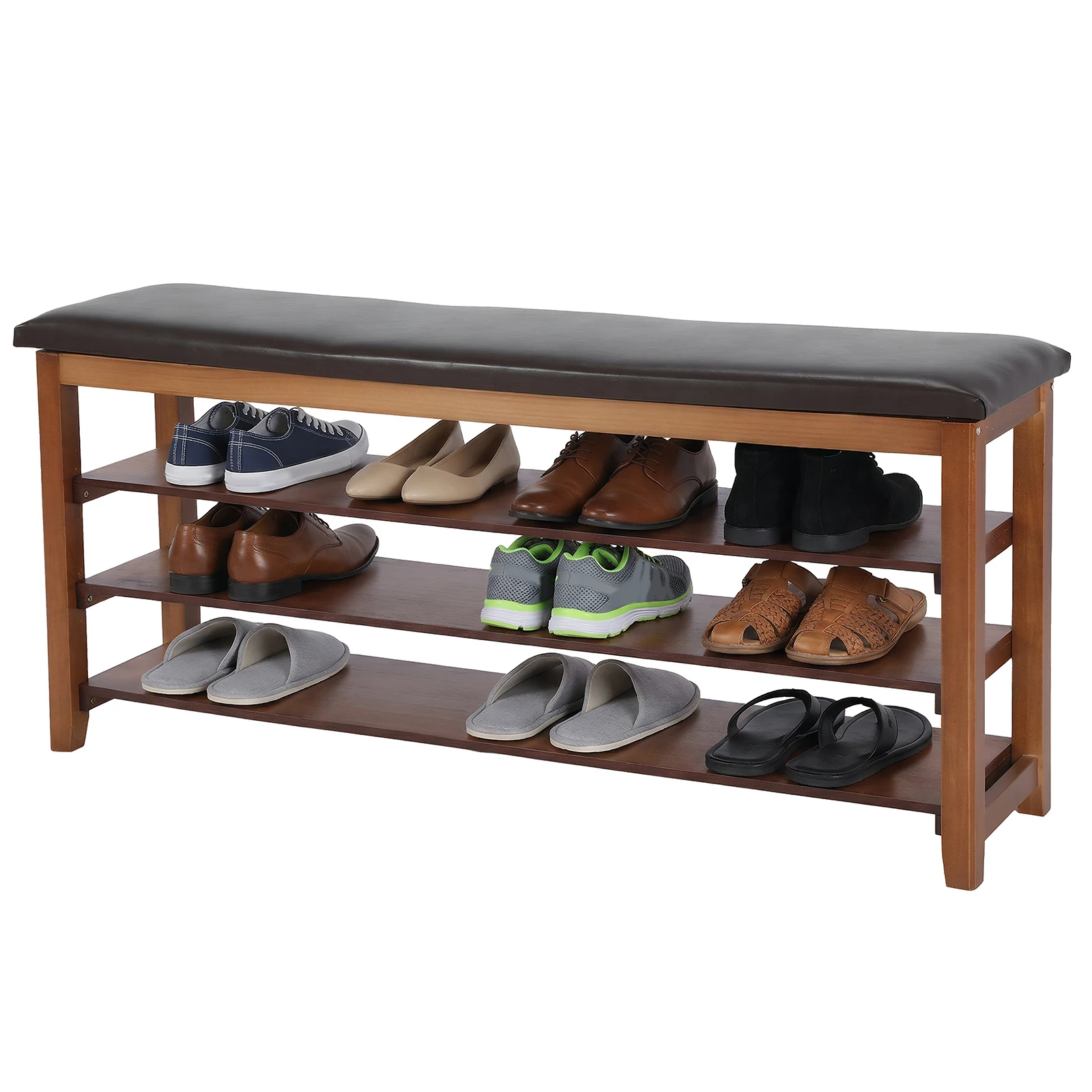 Shoe Storage Bench with PU Leather Cushion 3-Tiers Height Adjustable Ideal for Front Doors Entrances Hallway Mudroom