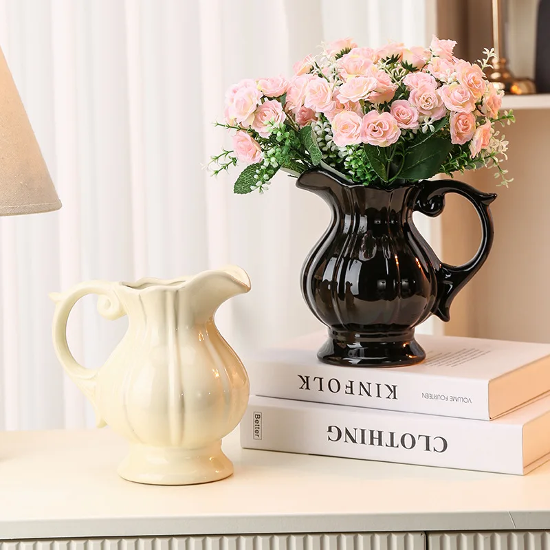 DSA ceramic handle milk pot vase wabi sandy wind pumpkin striped flower pot bottle water flower cultivator living room jewelry