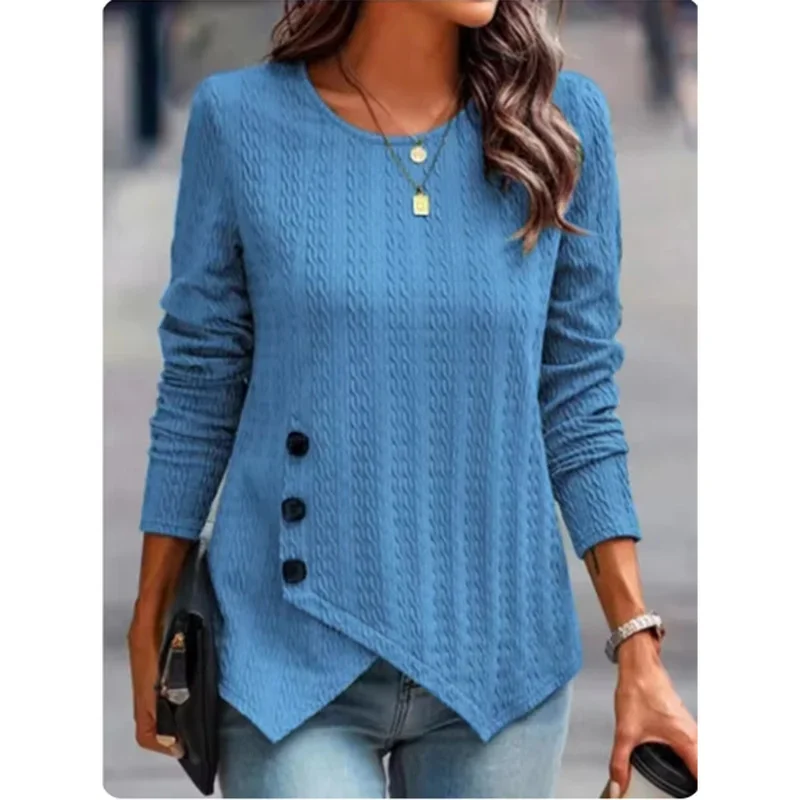 Top de manga larga con cuello redondo para mujer, camiseta de Jacquard con botones de Color sólido, Top elegante de tendencia de otoño