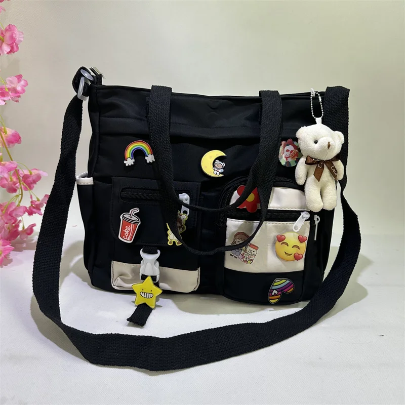 Waterproof Oxford Cloth Handbag Fashion Splicing Crossbody Bag with Badge Pendant Women Shoulder Bag Student School Bags Satchel