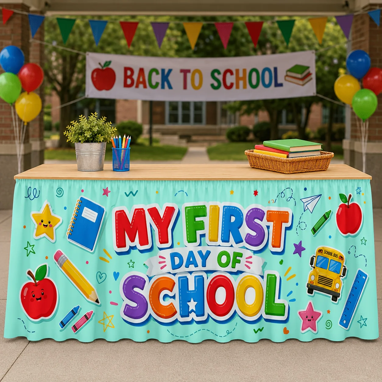 Send a table skirt 1 piece, color school-themed polyester table skirt, designed for my first day of school