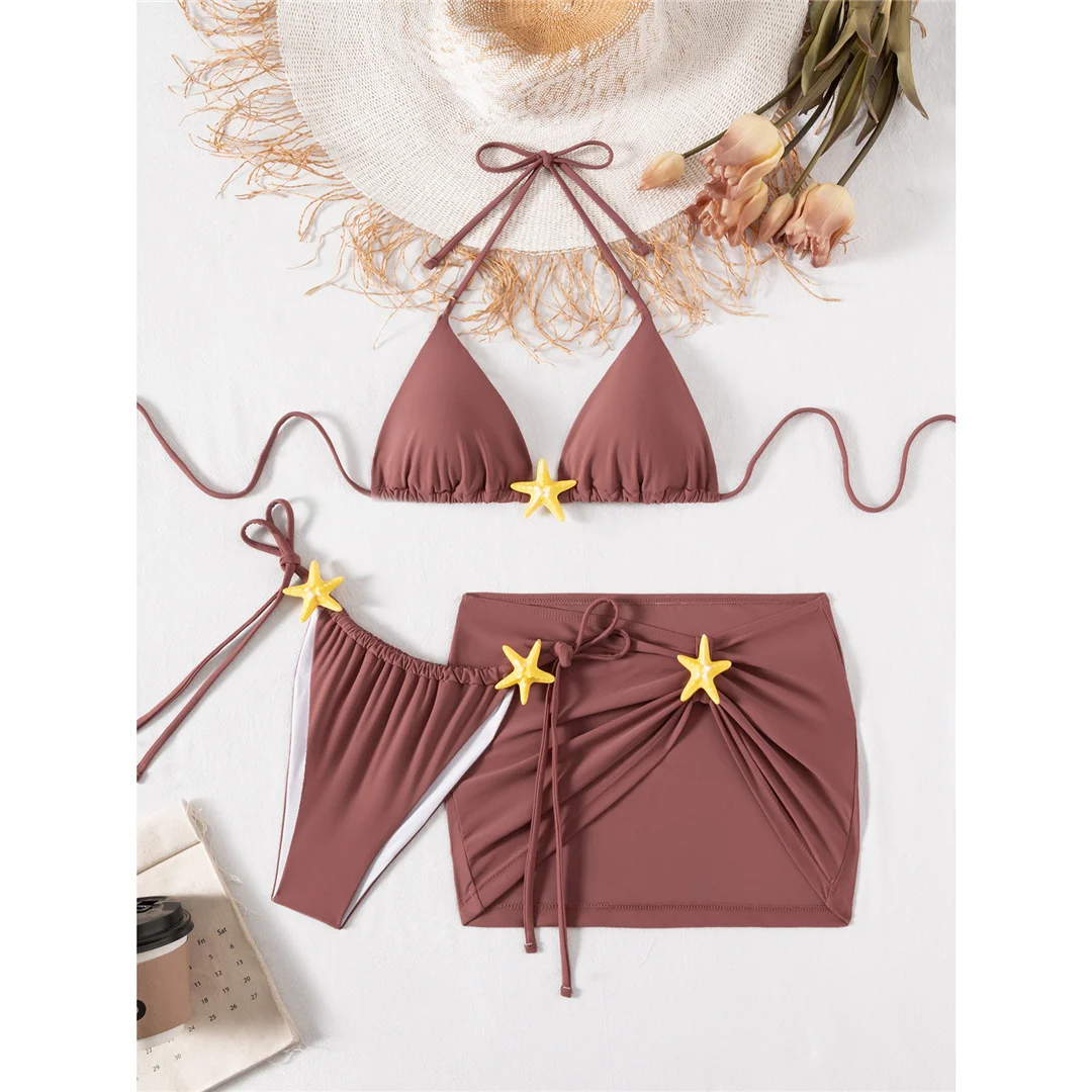 Mit Rock, Seestern-Motiv, Neckholder-Bikini, Damen-Badeanzug, Damen-Badebekleidung, dreiteiliges Bikini-Set, gepolsterter Badeanzug, Badebekleidung, Schwimmanzug V8178 – Detail 3