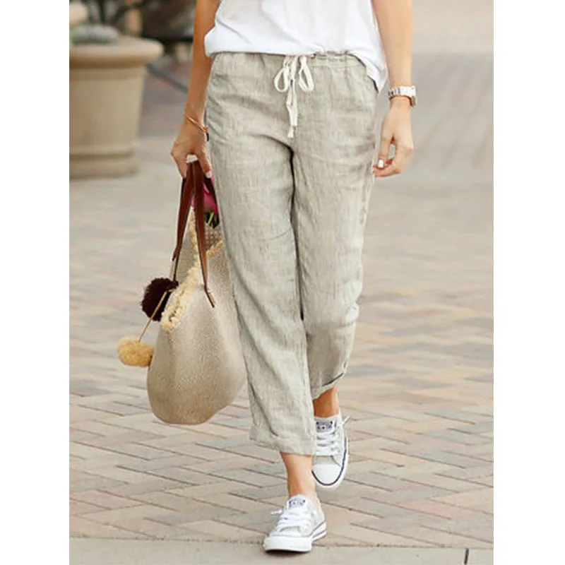 Women's New Solid Loose Casual Drawstring Elastic Waist Cotton Hemp Cargo Pants