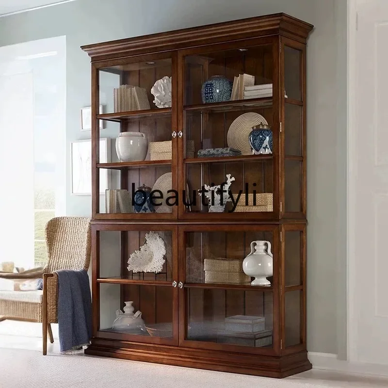 

07 French Retro Solid Wood Wine Cabinet Large Capacity Glass Display Light Luxury Bookshelf Sideboard