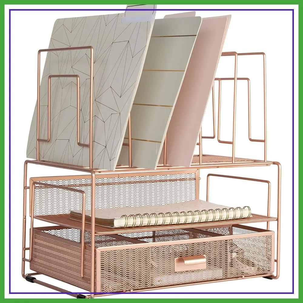 

Rose Gold Metal Desk Organizer with Drawer, File Sorter & Storage Compartments for Office Supplies