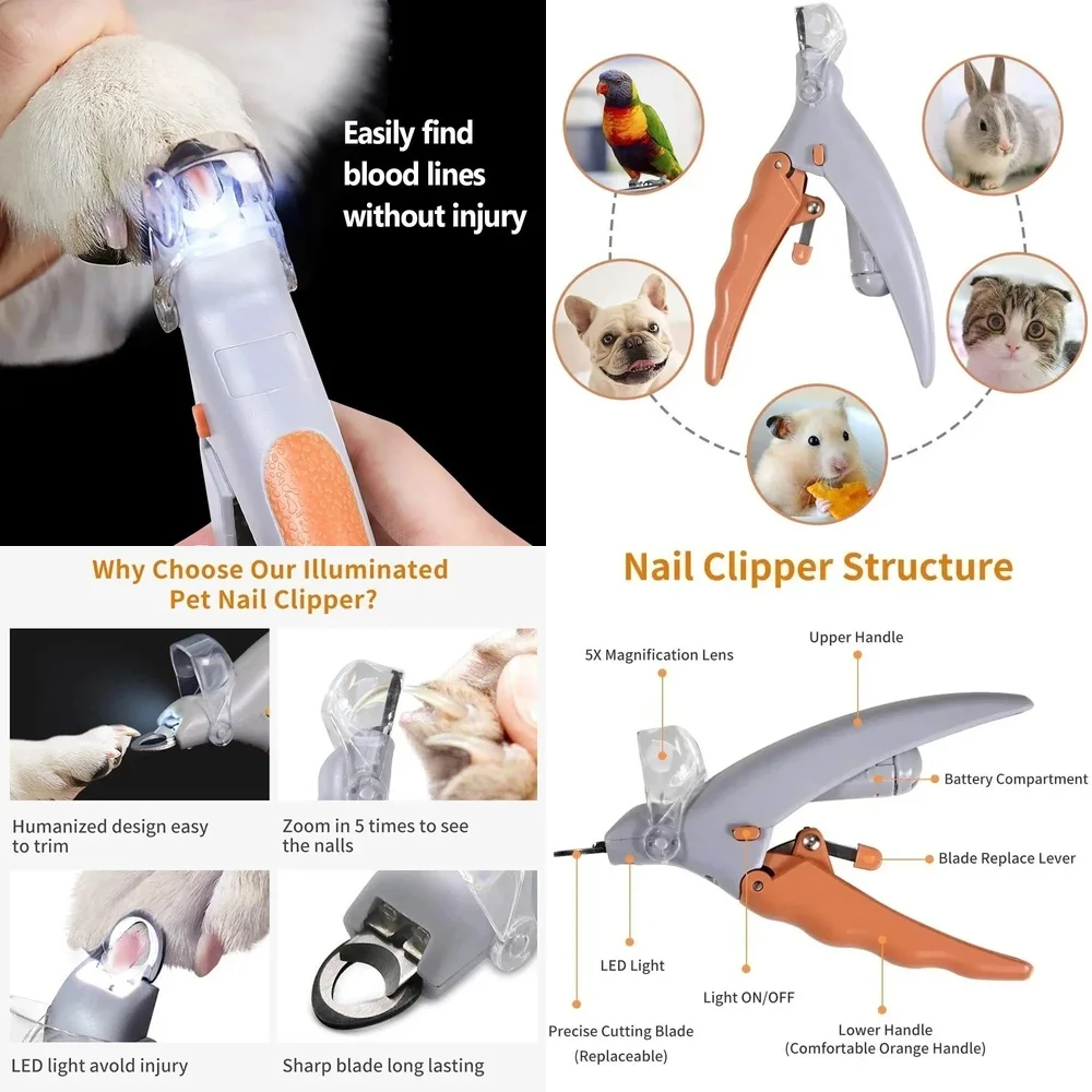 

Professional Pet Nail Clipper with LED Light for Dogs and Cats Adjustable Safety Nail Trimmer Quiet Small Animal Grooming Tool