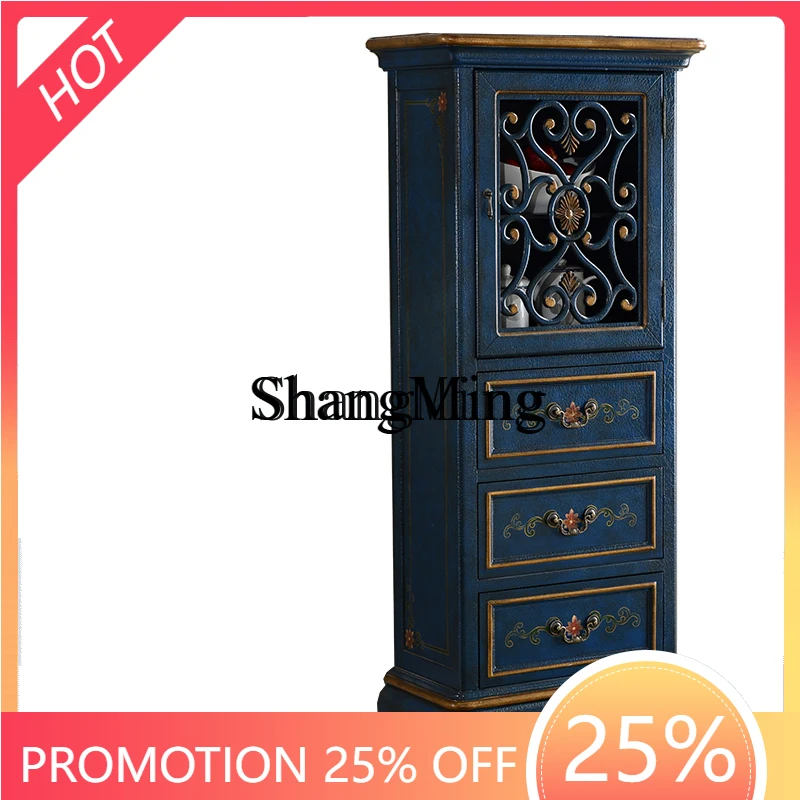 

ZYY Household Furniture Rural Vintage Hand Painted Solid Wood Wine Cabinet Antique Large Capacity Locker Bookcase