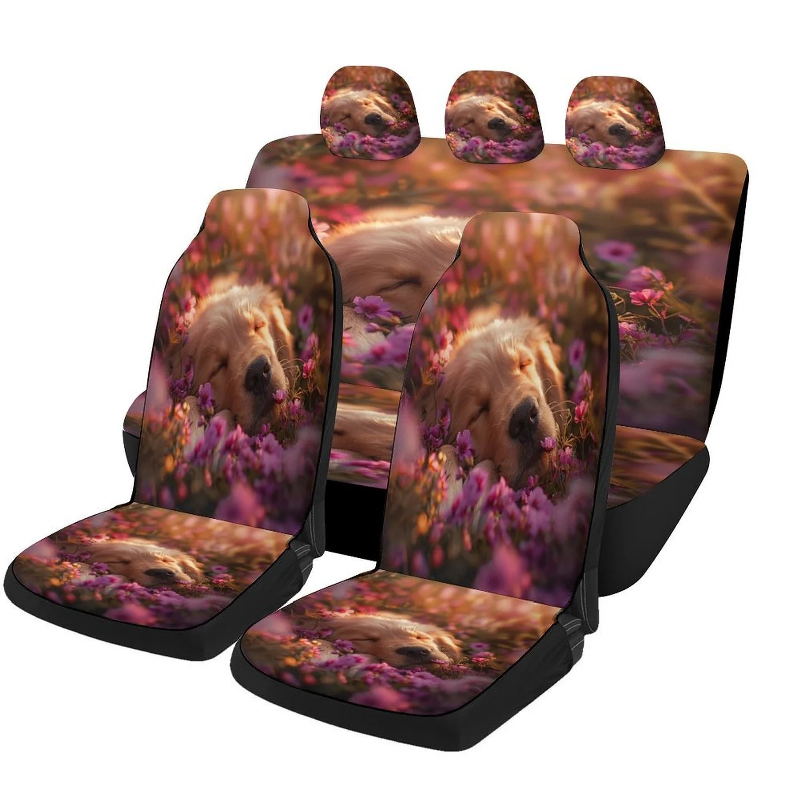 Set Of Car Seat Covers Featuring A Golden Dog And Floral Design, Suitable For Various Vehicles. Stylish And Durable, This Comple