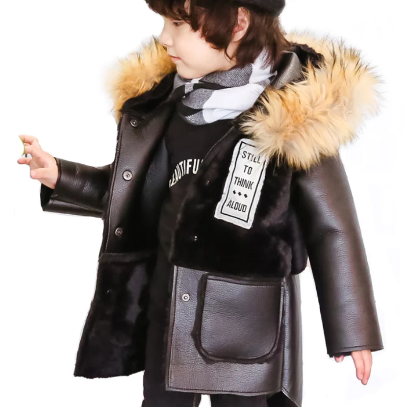 Winter baby boys Faux Fur jacket Fur PU Leather jackets Warm Fur Hooded coat Thicker Outerwear