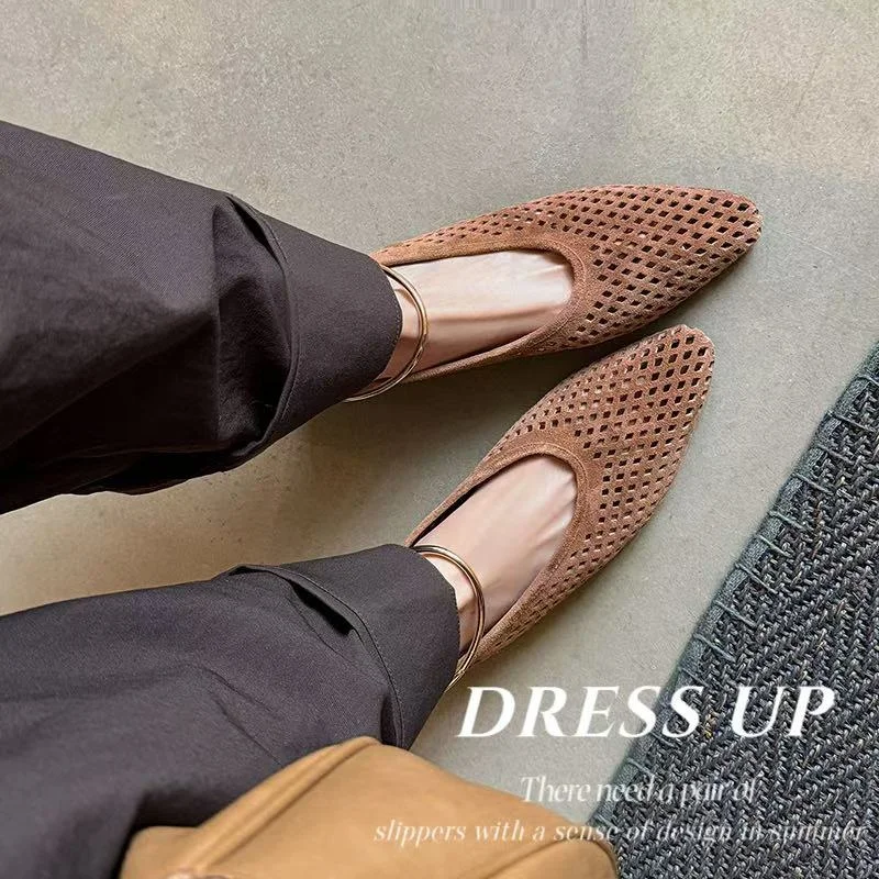 2026 new summer women sandals natural leather 22-25cm kid suede+sheepskin+pigskin hollow-out metal ring low heel women slippers