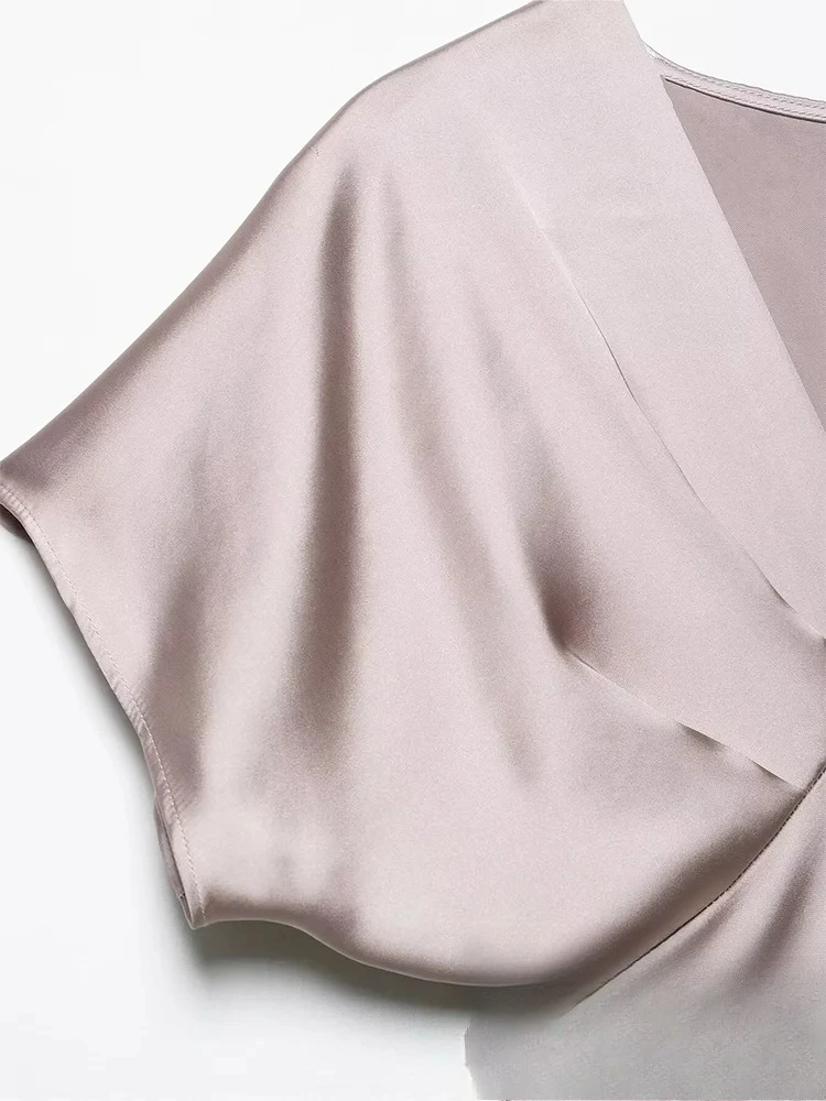 KONDALA خمر شيك أنيق المرأة فستان ستان الصلبة مطوي كم قصير مستقيم طويل Vestidos موضة 2025 فستان صيفي