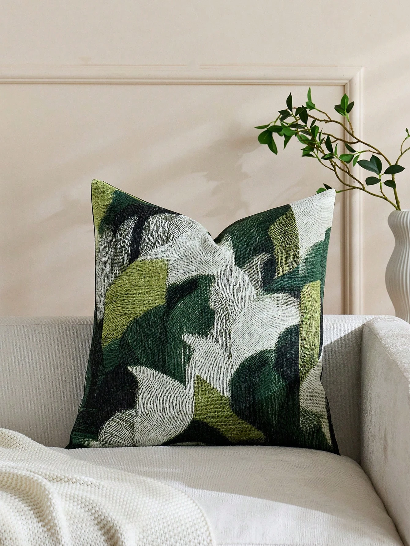 1pc Wabi-Sabi Green Abstract Pillow Cover, Polyester 2D Double-Sided Print, Textured Leaf Pattern Design, Luxury Home Accent