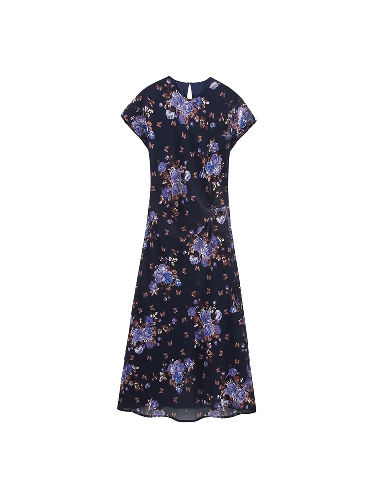 

European and American style summer women's clothing new French fashion temperament chiffon print waist short sleeve dress