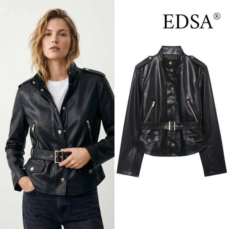 

EDSA Women Black Faux Leather Jacket with Belt Long Sleeves Spring Autumn Female Coat Outerwear