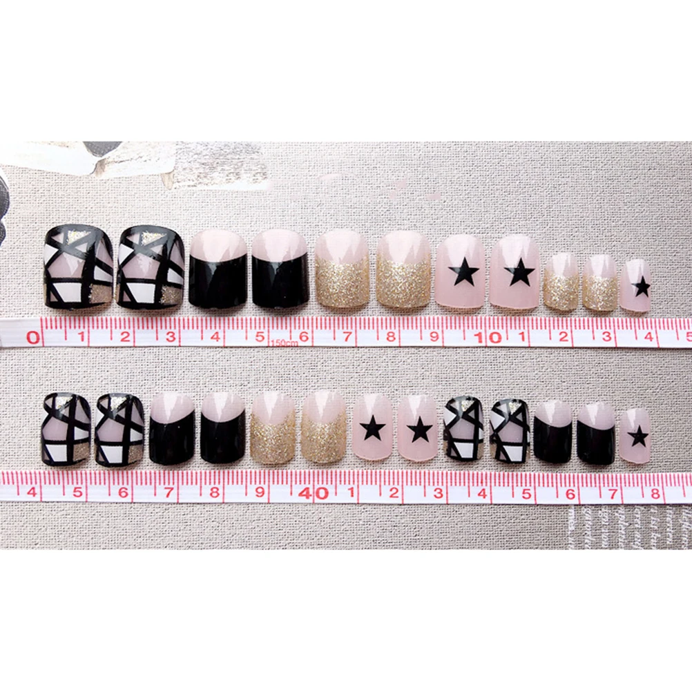 

Pcs Fashion False Nails Elegant Manicure Full Cover Medium Length Fake Nails Marble Prints Black Nail Tips with Artificial Diamo